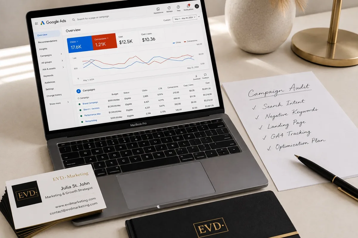 Google Ads strategy workspace with campaign dashboard, EVD Marketing business cards, campaign audit notes, and MacBook Pro.